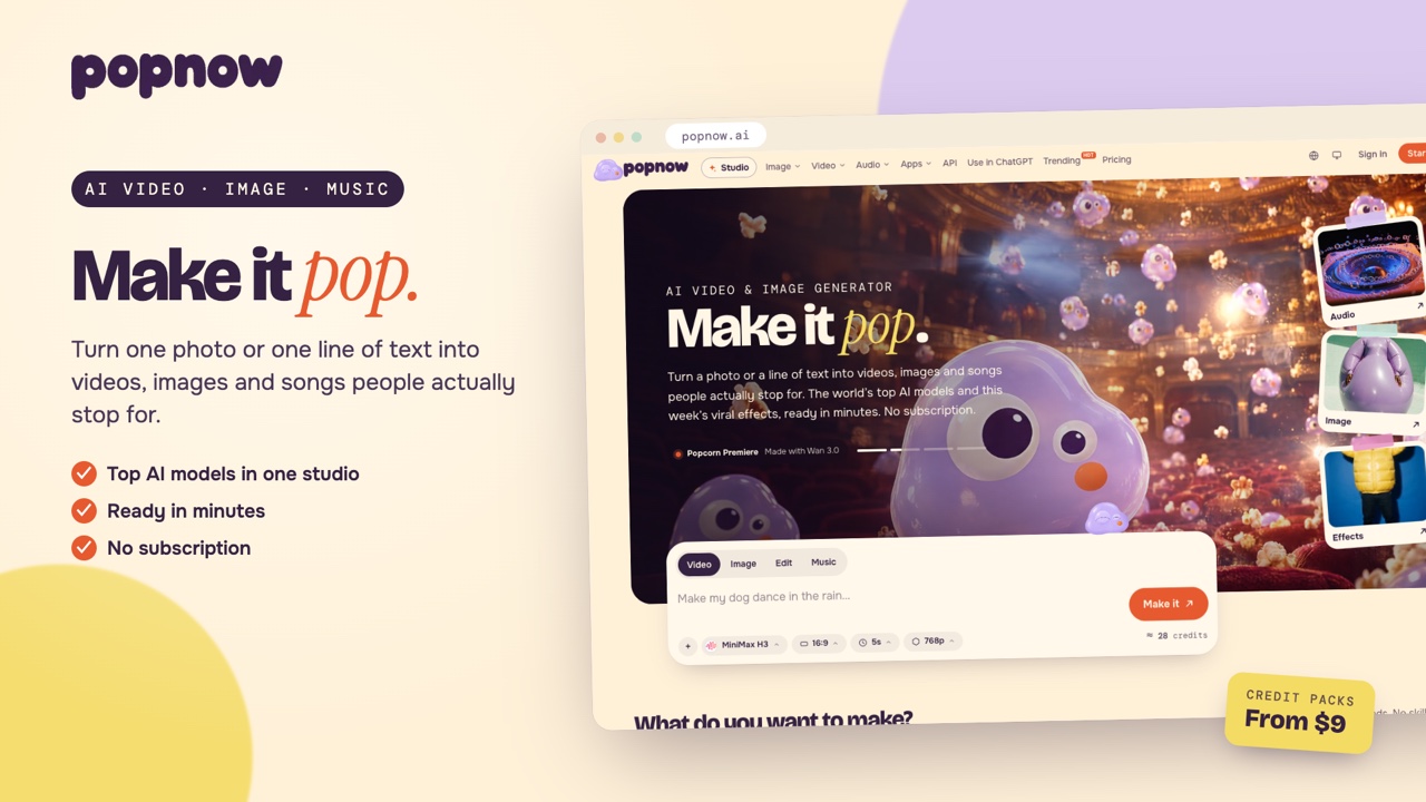PopNow — AI video, image and music studio screenshot