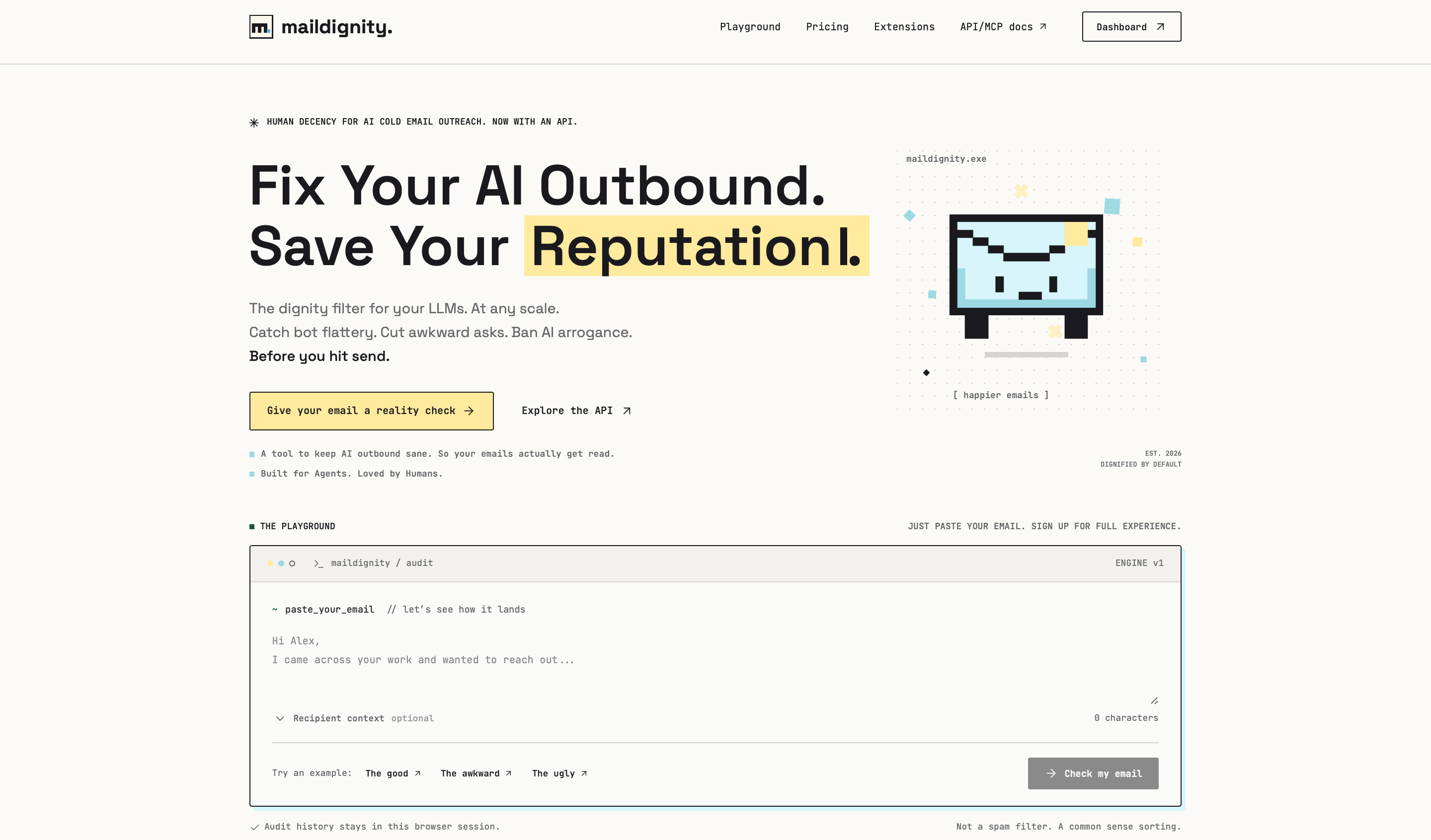 MailDignity — Fix Your AI Outbound. Save Your Reputation. website screenshot