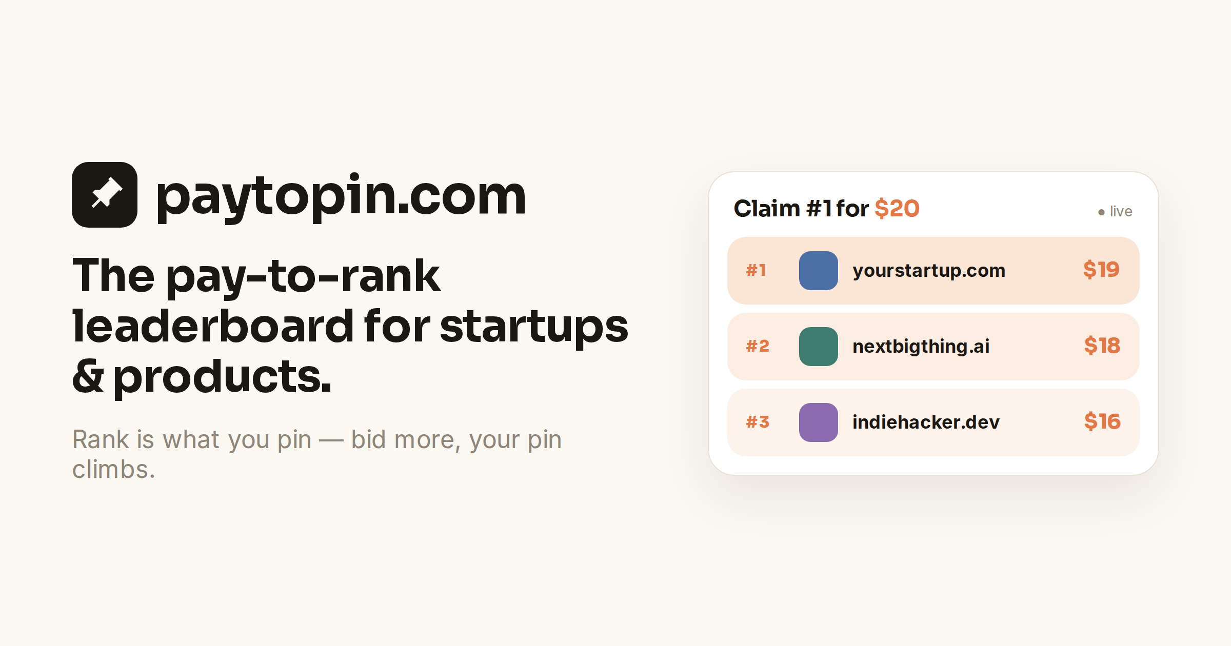 PayToPin — Pay-to-rank leaderboard for startups screenshot