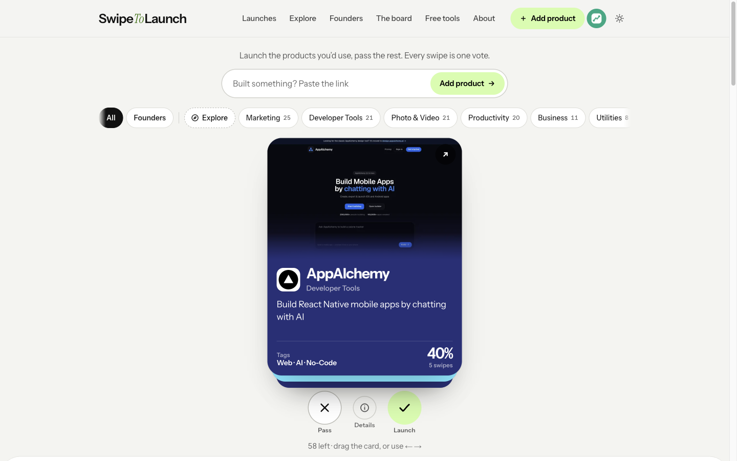 SwipeToLaunch: Tinder-style launch directory for startups and apps screenshot